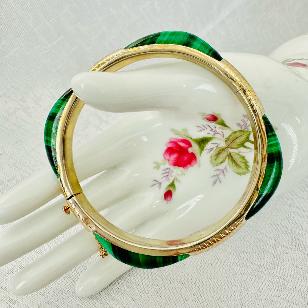 Vintage Gold Plate over Silver Malachite Green Stone Square Bangle Bracelet